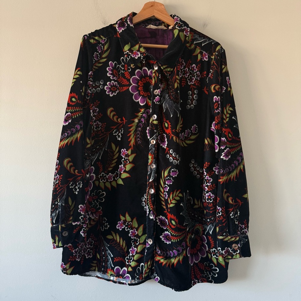 Soft Surroundings Floreado Velvet Floral Long Sleeve Button Up Top Shirt Size 1X